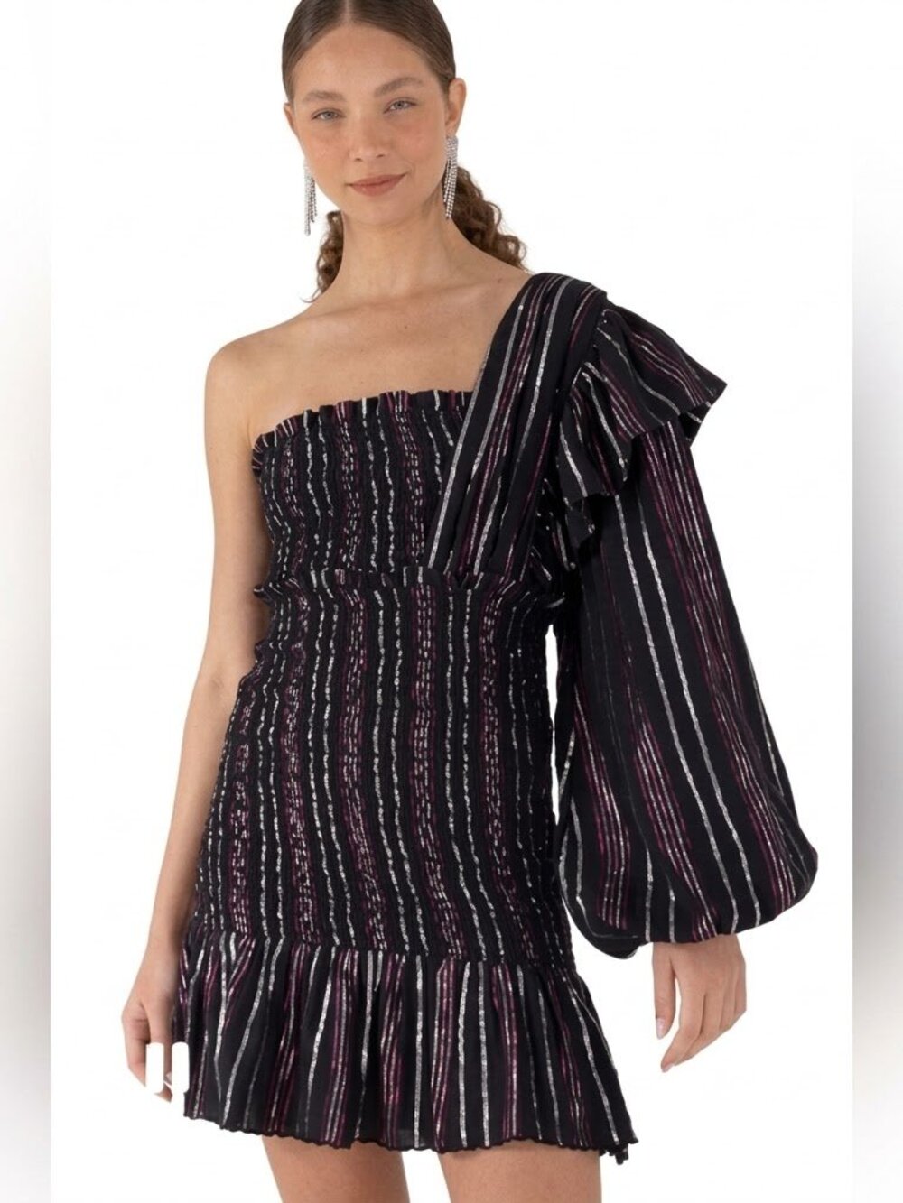 Farm Rio NWT Lurex Striped Off the Shoulder Mini Dress